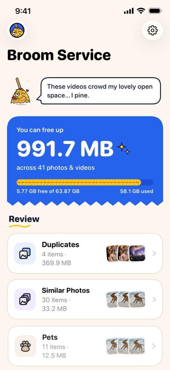 Home: You can free up 991.7 MB across 41 photos & videos