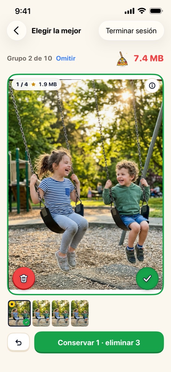 Elegir la mejor: cuatro fotos similares de niños en columpios, la mejor marcada para conservar