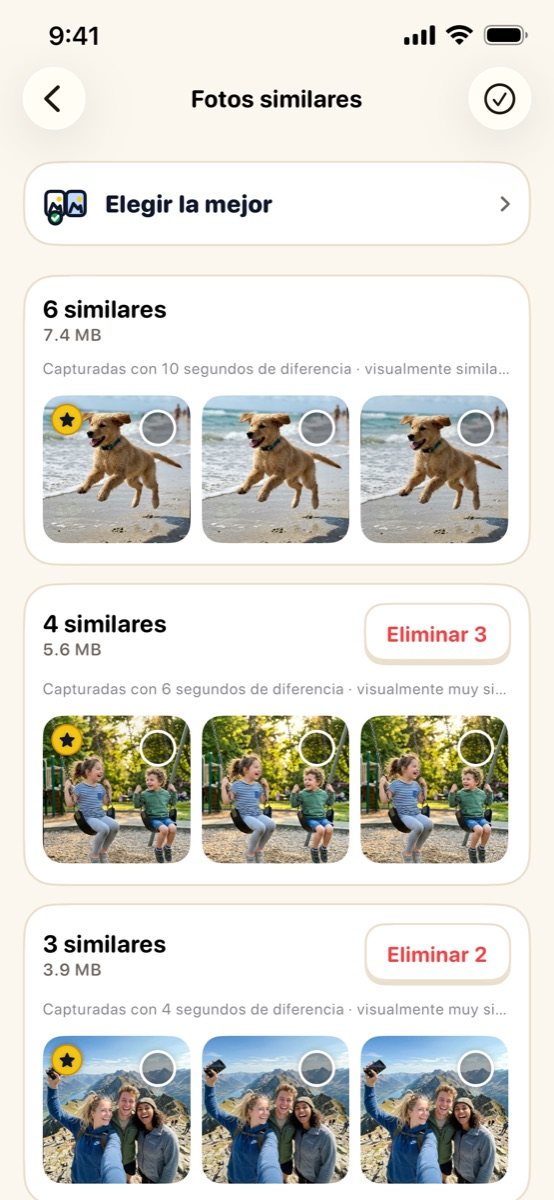 Fotos similares: grupos de tomas casi iguales, con la mejor de cada uno marcada