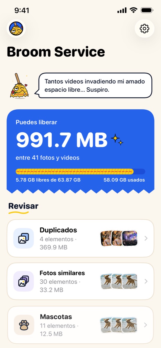 Inicio: puedes liberar 991.7 MB en 41 fotos y videos